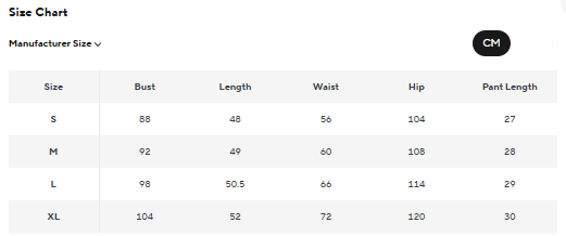 Size Chart Inches