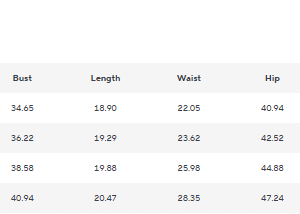 Size Chart Inches