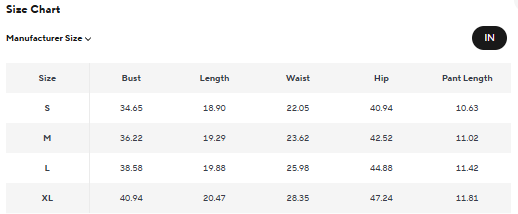Size Chart Inches